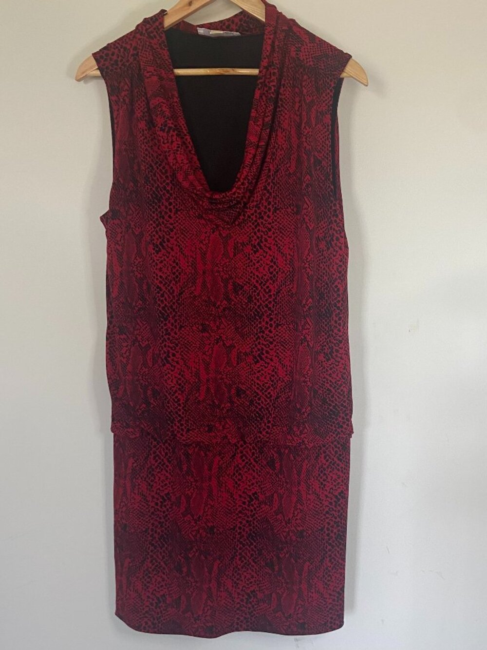 Michael Kors Women's Red Black Cowl Neck Snakeskin Print Knee Length Dress  L